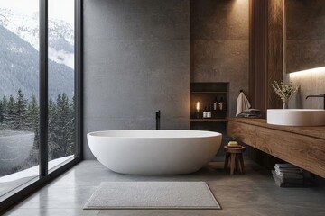 The focal point of this modern bathroom is the elegant white freestanding tub.