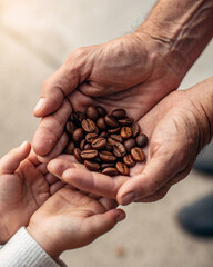 Colombian Coffee beans shared between a parent and child symbolizing tradition and connection