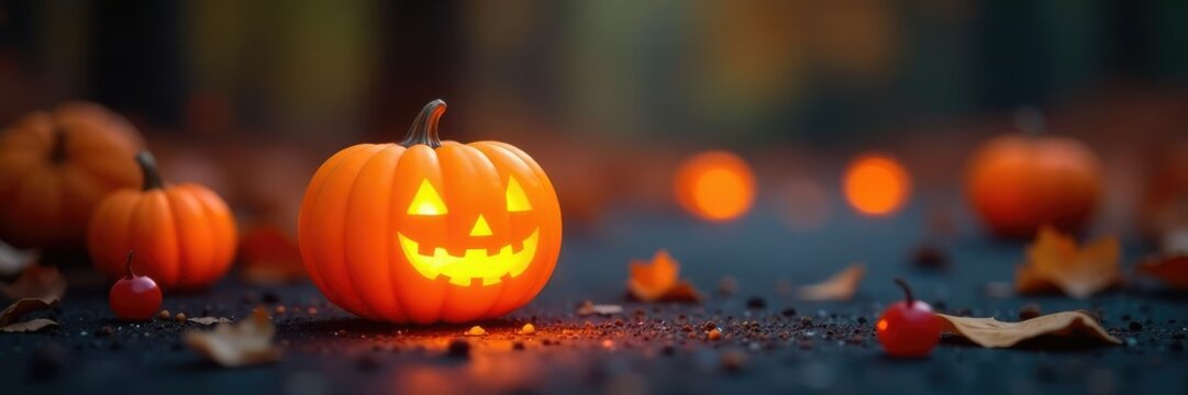 Petite citrouille jaune ?clair?e par de minuscules lanternes cerises, small pumpkins, glowing, orange light