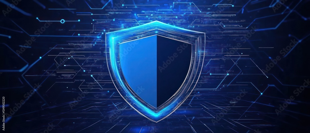 Poster digital shield symbolizing cybersecurity with a tech background