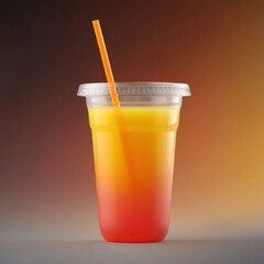 Takeaway container with food and drinks. Colorful layered drink in a clear cup with a straw against a gradient background.