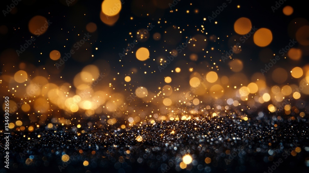 Poster Sparkling golden glitter texture on dark background with bokeh lights.