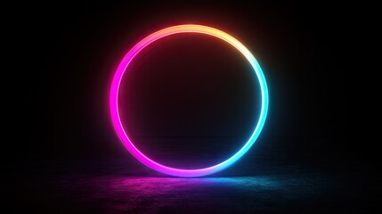 A glowing neon circle with a gradient of bright neon colors, from pink to blue, set against a stark black background. The vibrant glow makes it the focal point of the composition.
