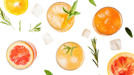 Brightly colored cocktails featuring orange and grapefruit garnishes showcase refreshing summer drinks perfect for warm gatherings. Ice adds a cool touch to each glass, enhancing their appeal