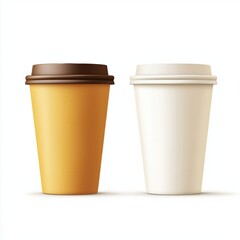 Takeaway container with food and drinks. Two coffee cups, one brown and one white, stand side by side on a plain background.