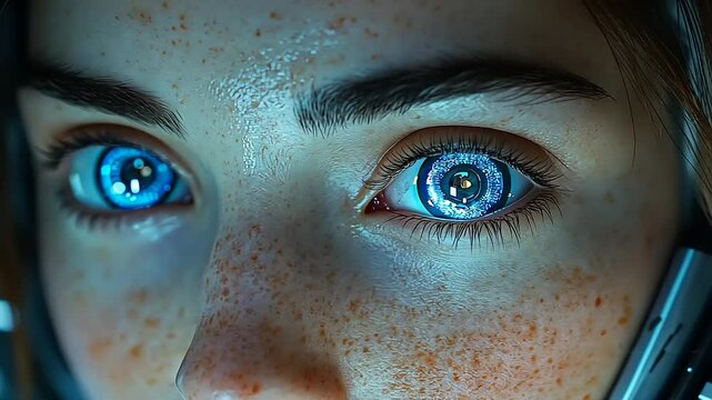 Close-up of a futuristic individual with striking blue eyes and freckles, wearing a headset