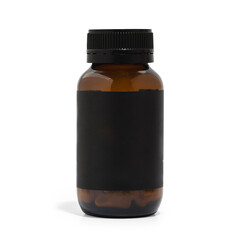 White background of amber supplement vitamin bottle with shadow and copy space