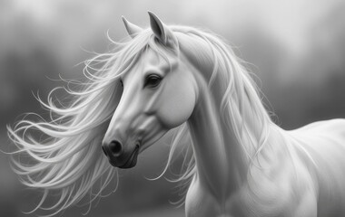 Elegant White Horse with Flowing Mane in Black and White Style