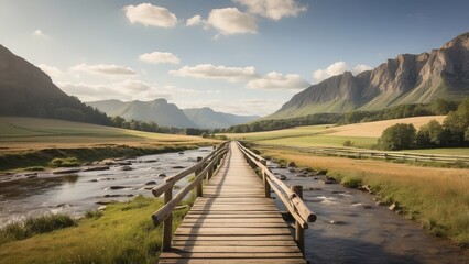 A serene landscape featuring a wooden bridge crossing a calm body of water,