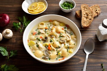 Bowl of creamy chicken soup with vegetables