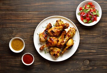 Oven baked chicken drumsticks served with sauce and vegetable salad
