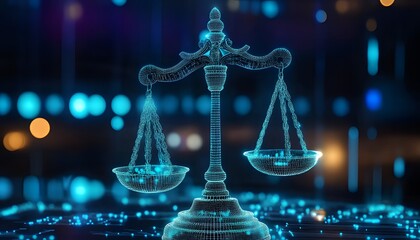 Holographic AI legal consultants present futuristic scales of justice at a contemporary event.