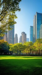 Urban park with lush greenery against a skyline of modern skyscrapers