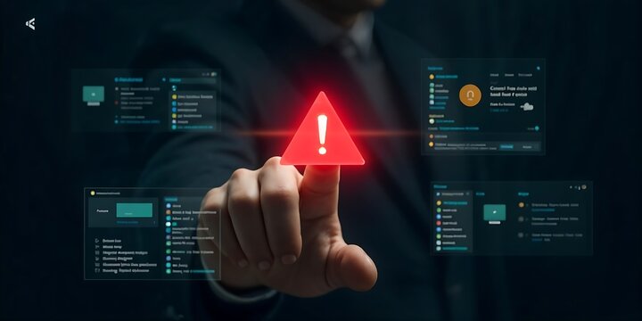 Digital Alert: A person's finger interacts with a holographic interface displaying a red warning symbol, with abstract digital displays in the background.