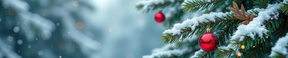 Snow-covered pine tree branches with ornaments, snow, evergreen
