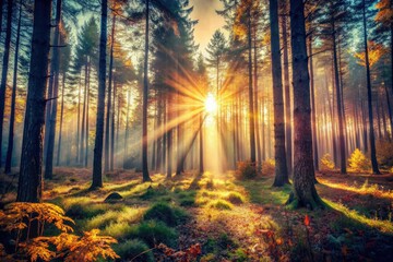 Naklejka premium Sun-dappled forest, vintage blur, nostalgic lens flare, capturing nature's retro charm.