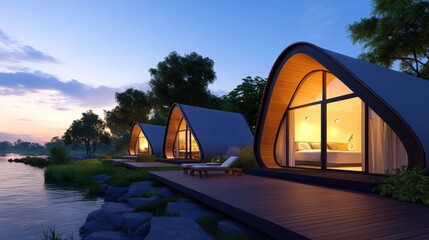 Modern, curved cabins by a serene lakeside at sunset, blending nature and architecture for a tranquil retreat.