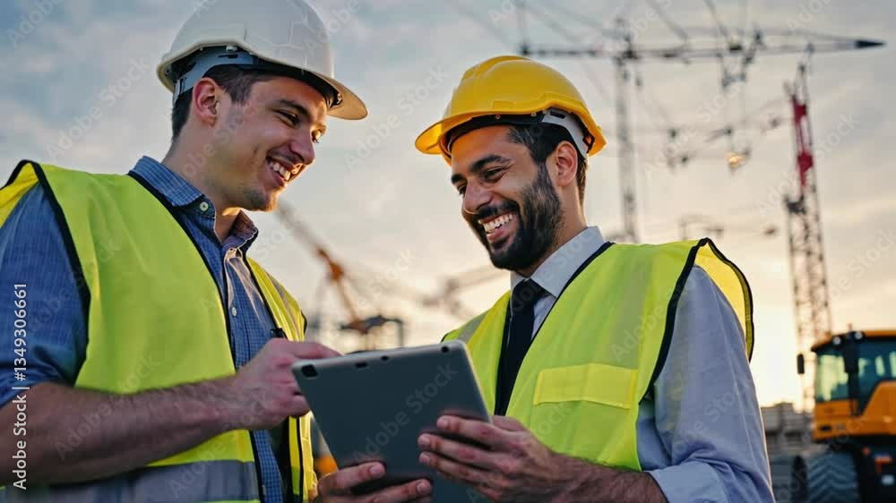 Aufkleber professional engineers happily discussing project details using digital tablet technology at a const
