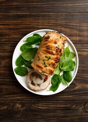 Roasted pork roll stuffed with mushroooms, onion, red bell pepper, spinach