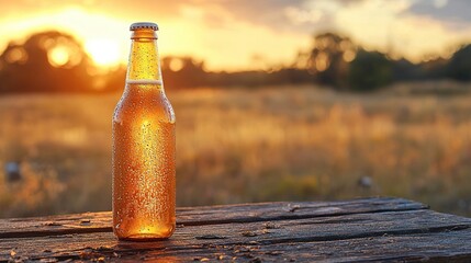 A Chilled Bottle Of Beer Illuminated By The Sunset Outdoors