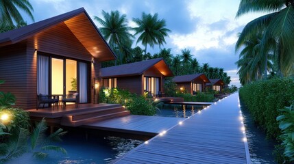 Obraz premium A serene tropical scene featuring wooden bungalows surrounded by palm trees, connected by a wooden pathway over calm waters at dusk.