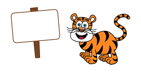 Cute smiling tiger with text panel on white background - vector