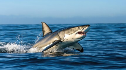 Fototapeta premium A wide-angle shot of a massive great white shark lunging out of the water
