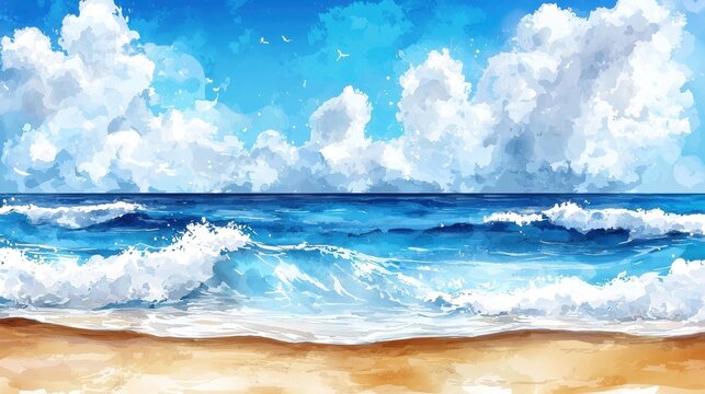 Serene and picturesque oceanscape featuring crashing waves a golden sandy beach and a cloudless azure sky stretching out to the distant horizon