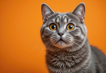 Obraz premium Grey Tabby Cat Portrait with Striking Yellow Eyes on Orange Background