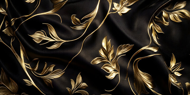 Elegant Black Gold Pattern With Leaves, Dark Botanical Design With Golden Details, Luxurious Floral Leaf Art, Black Gold Leaf Print