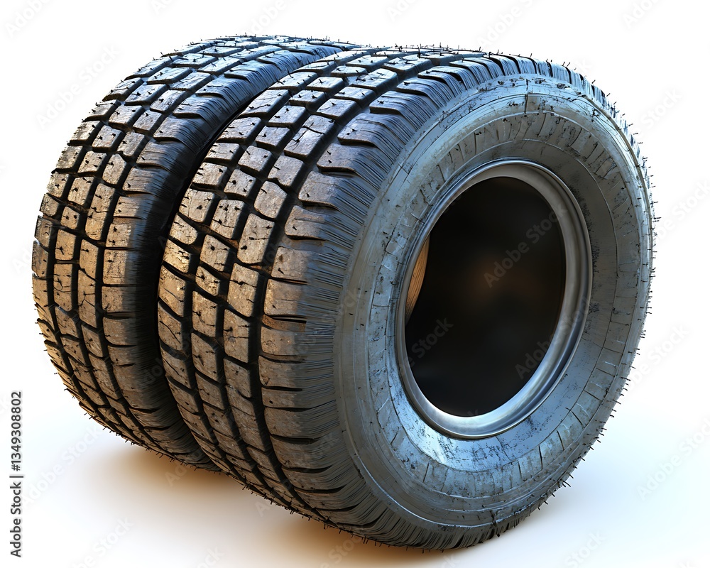 Poster two new black tires with distinctive tread patterns displayed on white