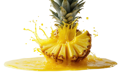 A fresh pineapple is dramatically splashed, sending yellow juice across the surface. The contrasting colors highlight the fruit's freshness and vibrancy, emphasizing hydration and flavor