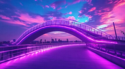 Obraz premium Futuristic pedestrian bridge illuminated with neon lights during sunset vibrant
