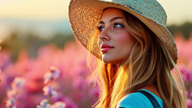 Beautiful young woman wearing a sun hat, peacefully standing amidst vibrant flowers illuminated by gentle sunlight. Concept of natural beauty and mindful relaxation.
