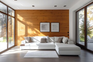 Minimalist Interior Living room, wood finish Photo of interior of a skylight living room with walls and white sofa and art frame hanging. Generative AI
