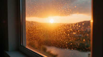 beautiful sunset view through rain speckled window, creating warm and serene atmosphere