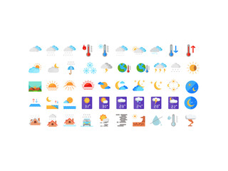 Pack of 50 weather icons with fill color style. low temperature, winter, weather news, no water, pressure, cloud, rain, fog, lightning, etc. icons suitable for web, mobile and print applications.