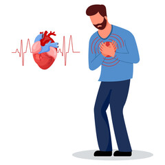 Man having heart attack or heart pain. Vector illustration with human holding hands on chest.