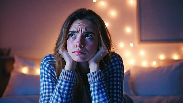 Young woman with a distressed expression resting her head on her hands in a bedroom with cozy lighting. Concept of stress and sleeplessness.