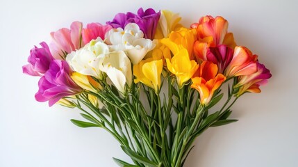 A vibrant bouquet of multicolored freesias arranged elegantly against a clean white background