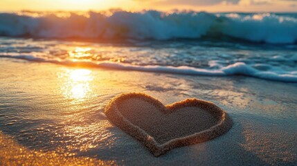 Fototapeta premium A romantic heart etched into the sand, with the ocean's waves crashing softly in the background and the soft glow of the setting sun reflecting off the water.