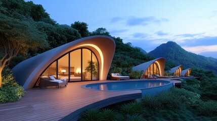 Modern, curvilinear houses surrounded by lush greenery, featuring a pool and stunning mountain views at dusk.