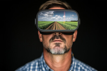 Front view portrait of serious male farmer in VR headset or FPV goggles with reflection of green farm field on glasses standing next to black background