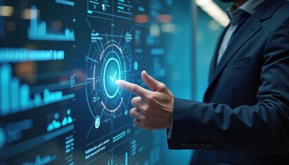 Businessman touches digital document check mark. Modern technology. Business concept, cyberspace, computer, screen, digital information, connection, virtual security, network lock innovation,