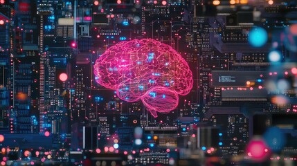 Futuristic digital brain visualization amidst a vibrant circuit board, symbolizing artificial intelligence and technology