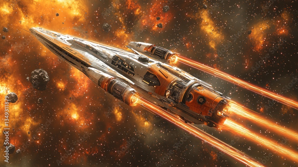 Poster futuristic spaceship navigating nebula cloudscape with powerful thrusters