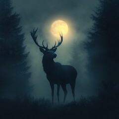 Mystical Encounter, A Majestic Deer Silhouetted Under the Moonlit Forest