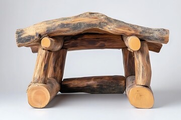 A rustic handcrafted wooden stool with visible log construction