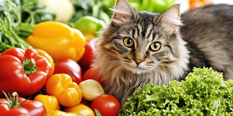 Cat nestled among fresh vegetables in vibrant display