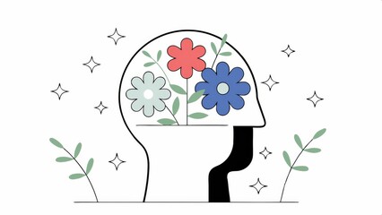 A stylized head silhouette filled with colorful flowers, symbolizing creativity and mental well-being, surrounded by sparkling elements.